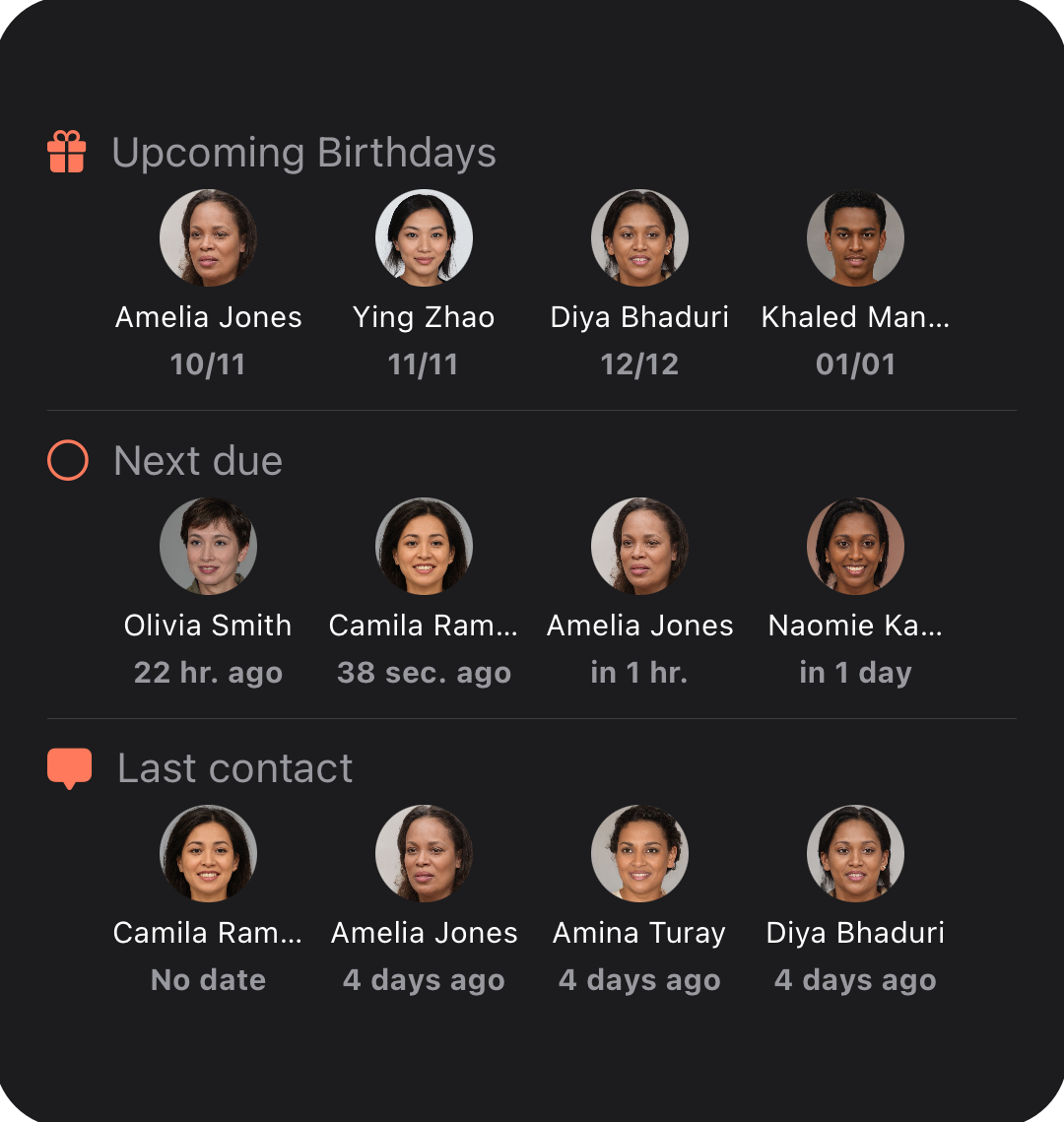 Amicu Widget with birthdays, due contacts, and last contacted people.
